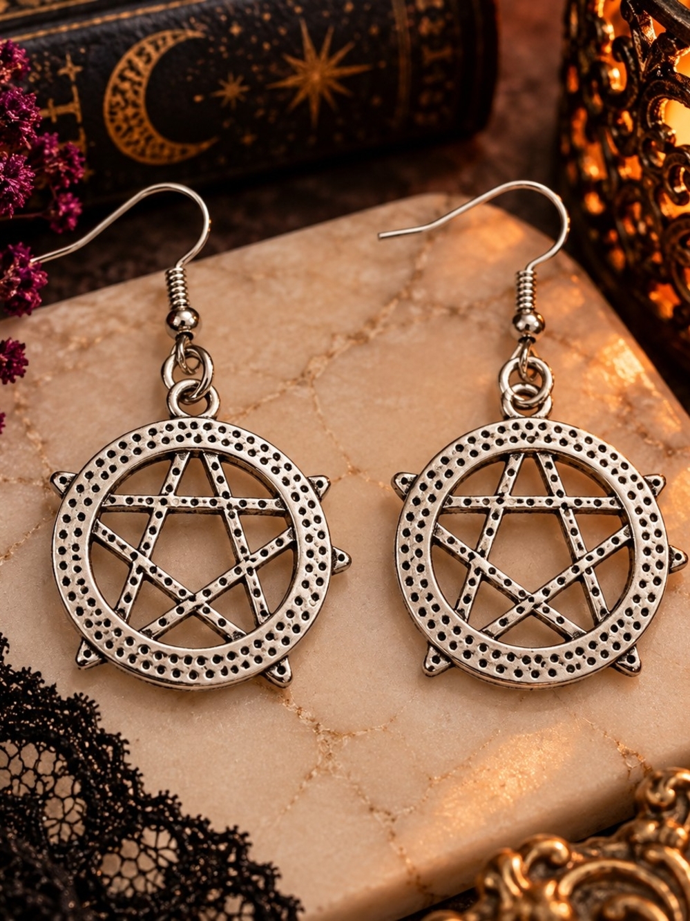Silver Tone Metal Muse Pentagram Drop Dangle Earrings - New